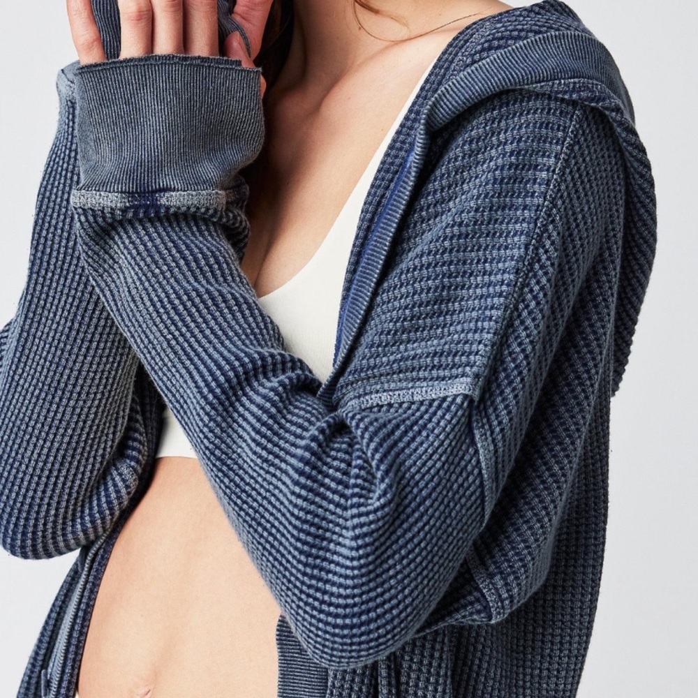 Free People Harley Cardi Hoodie Ribbed Knit Button Up Slouchy Blue - Picture 3 of 5